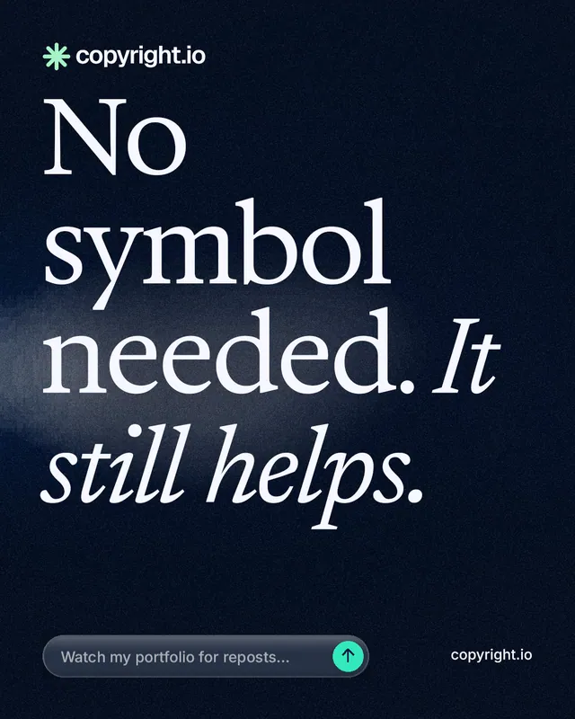 Instagram portrait post for copyright.io: "No symbol needed. It still helps." Thermal style, poster layout, dark palette in black, blue, grey.