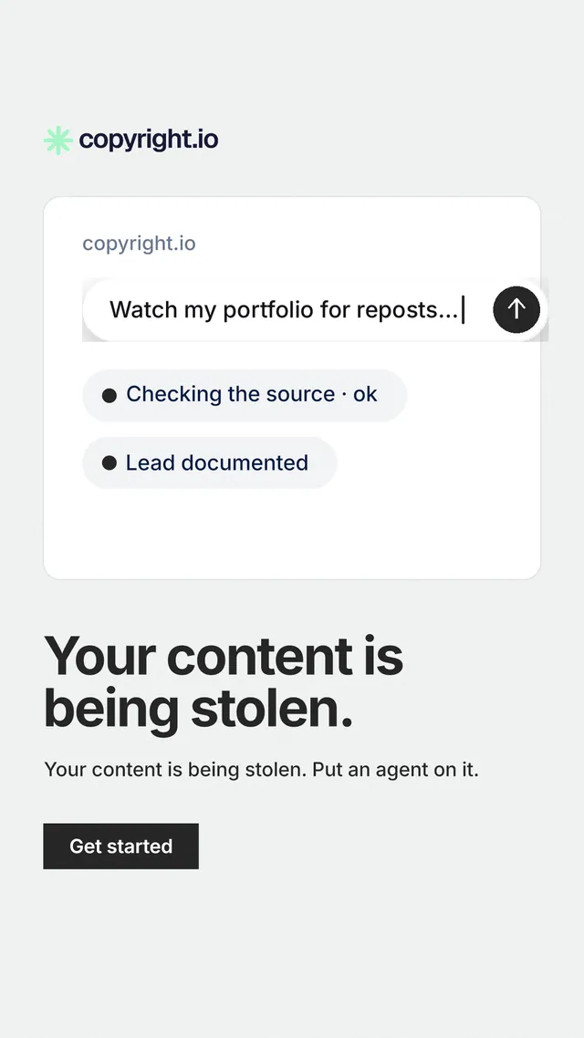 Instagram story for copyright.io: "Your content is being stolen." Swiss style, bottom layout, light palette in white.