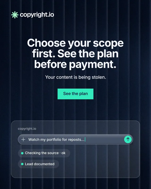 Instagram portrait post for copyright.io: "Choose your scope first. See the plan before payment." Swiss style, centred layout, dark palette in black, blue, grey.