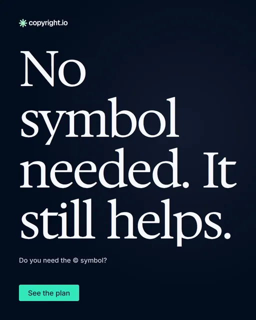 Video for copyright.io: "No symbol needed. It still helps.". Doc motion loop, 8.0 s, dark palette.