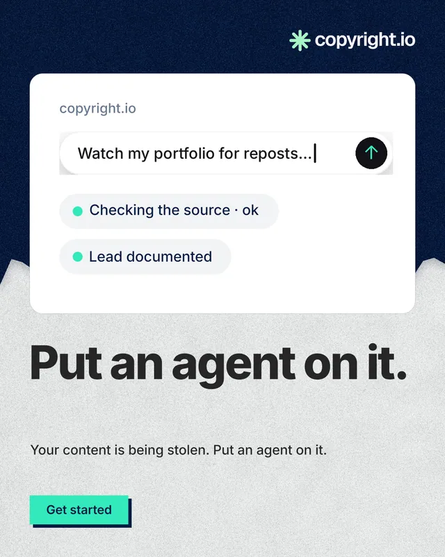 Instagram portrait post for copyright.io: "Put an agent on it." Paper trio style, bottom layout, light palette in white, blue.