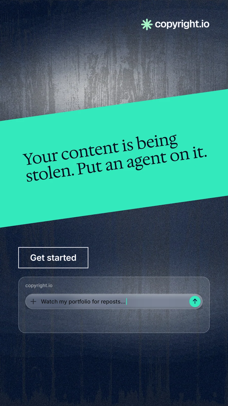 Instagram story for copyright.io: "Your content is being stolen. Put an agent on it." Cyanotype style, diagonal layout, dark palette in teal, blue, grey.