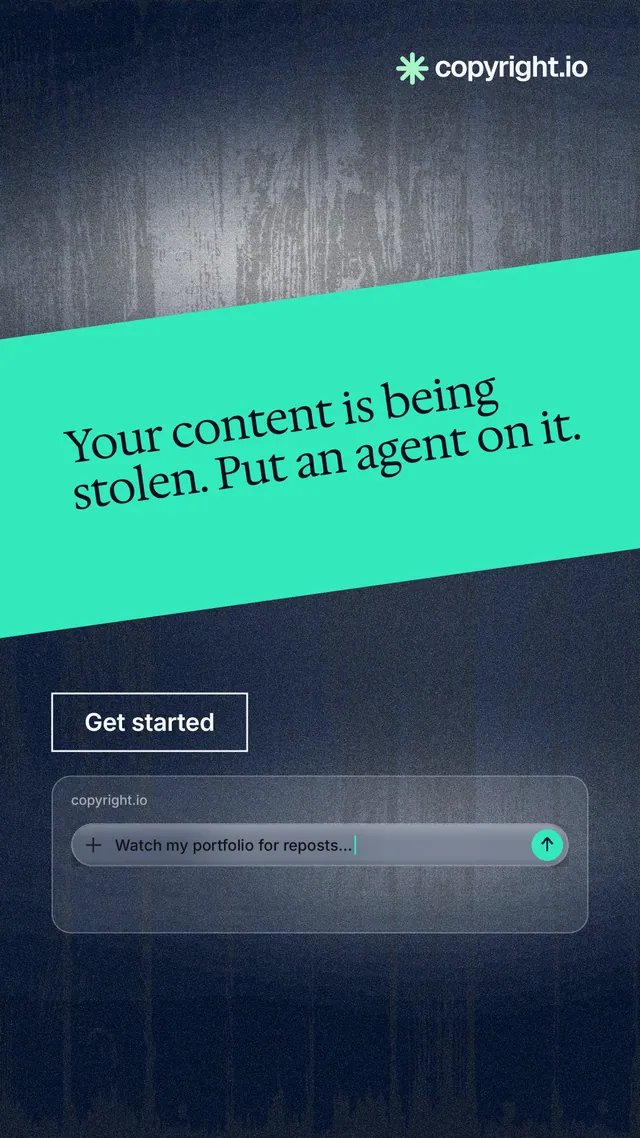 Instagram story for copyright.io: "Your content is being stolen. Put an agent on it." Cyanotype style, diagonal layout, dark palette in teal, blue, grey.
