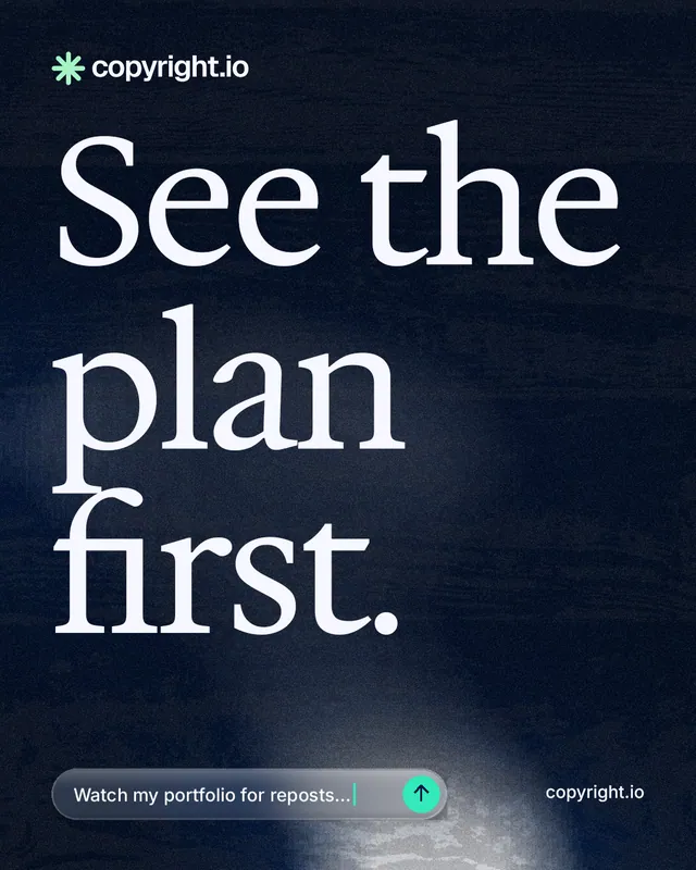 Instagram portrait post for copyright.io: "See the plan first." Thermal style, poster layout, dark palette in blue, black, grey.