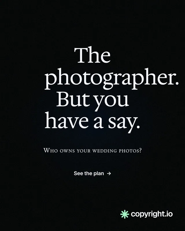 Instagram portrait post for copyright.io: "The photographer. But you have a say." Phosphor atlas style, smallcaps layout, dark palette in black.