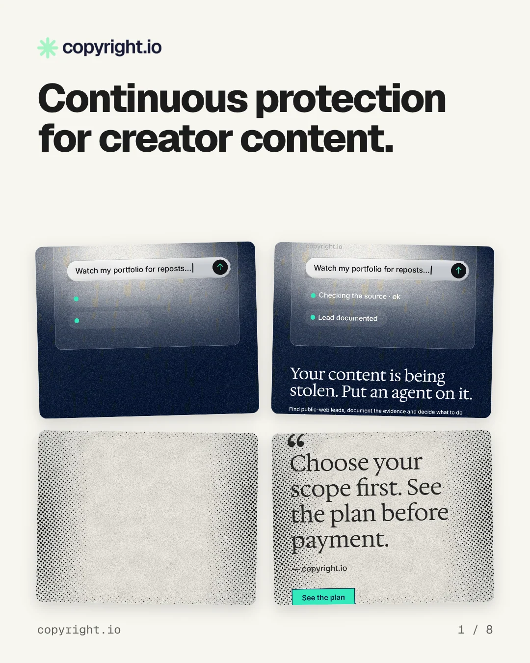 Carousel for copyright.io: "Continuous protection for creator content.". Collection carousel, 8 slides, light palette.