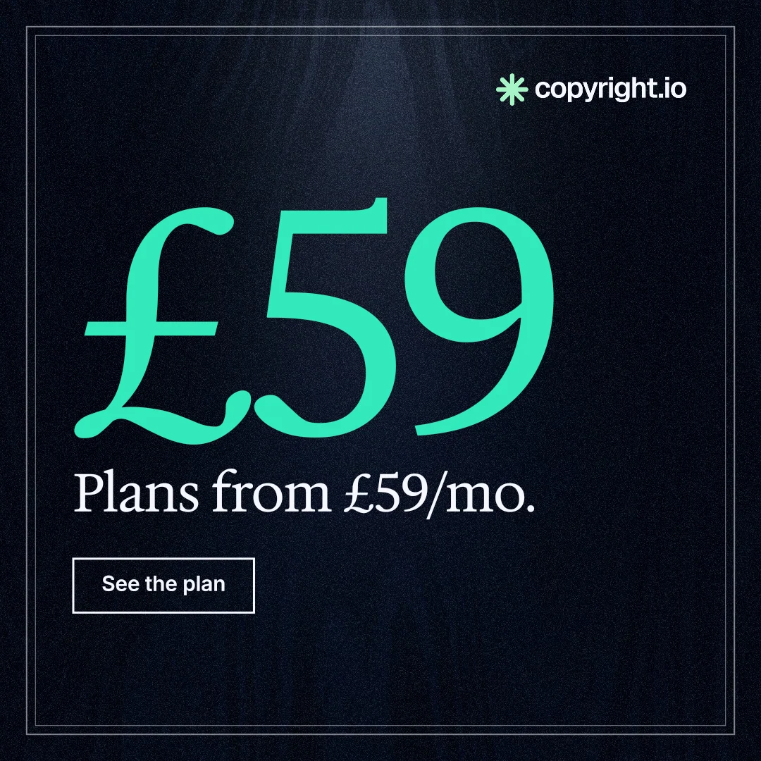 Instagram post for copyright.io: "Continuous protection for creator content." Dark deco style, stat layout, dark palette in black, blue, teal.