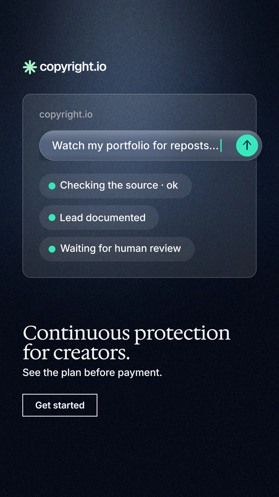 Instagram story for copyright.io: "Continuous protection for creators." Dark deco style, bottom layout, dark palette in black, blue, grey.