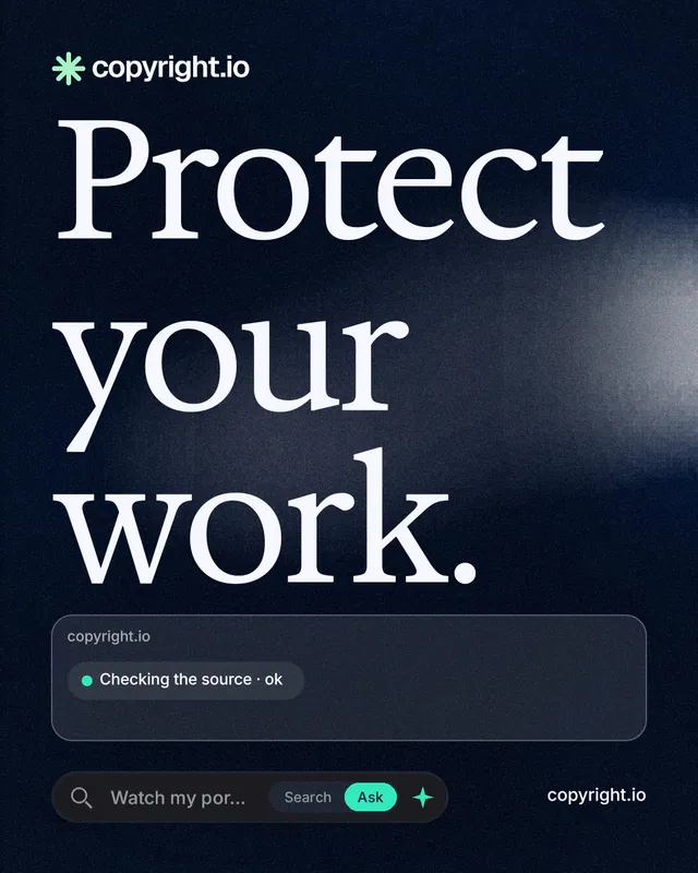 Instagram portrait post for copyright.io: "Protect your work." Thermal style, poster layout, dark palette in blue, black, grey.