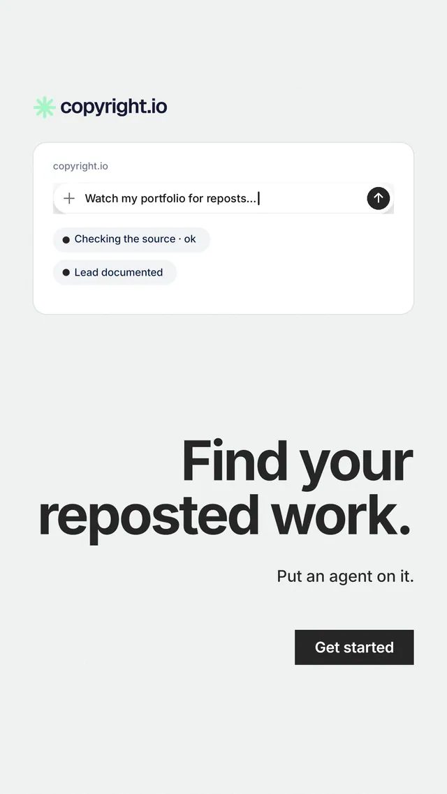 Instagram story for copyright.io: "Find your reposted work." Swiss style, right layout, light palette in white.