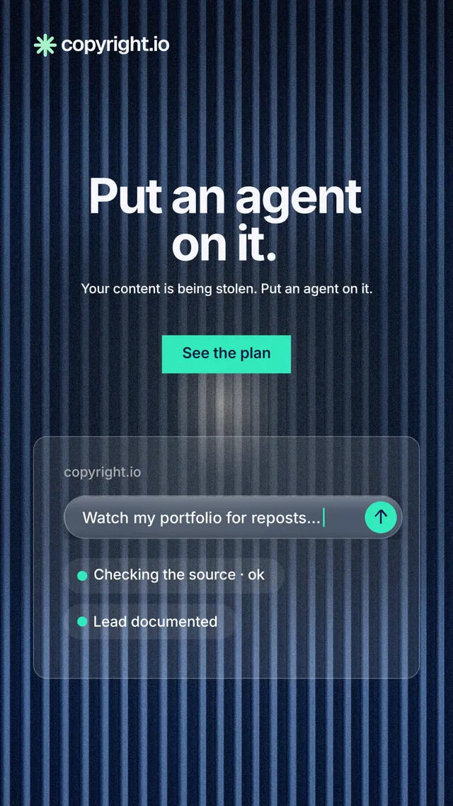 Instagram story for copyright.io: "Put an agent on it." Swiss style, centred layout, dark palette in blue, black, grey.