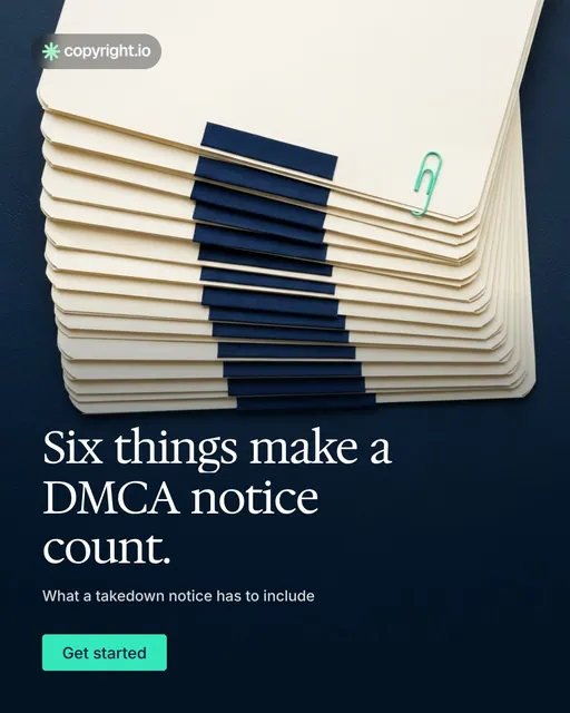 Video for copyright.io: "Six things make a DMCA notice count.". Doc motion loop, 7.0 s, dark palette.