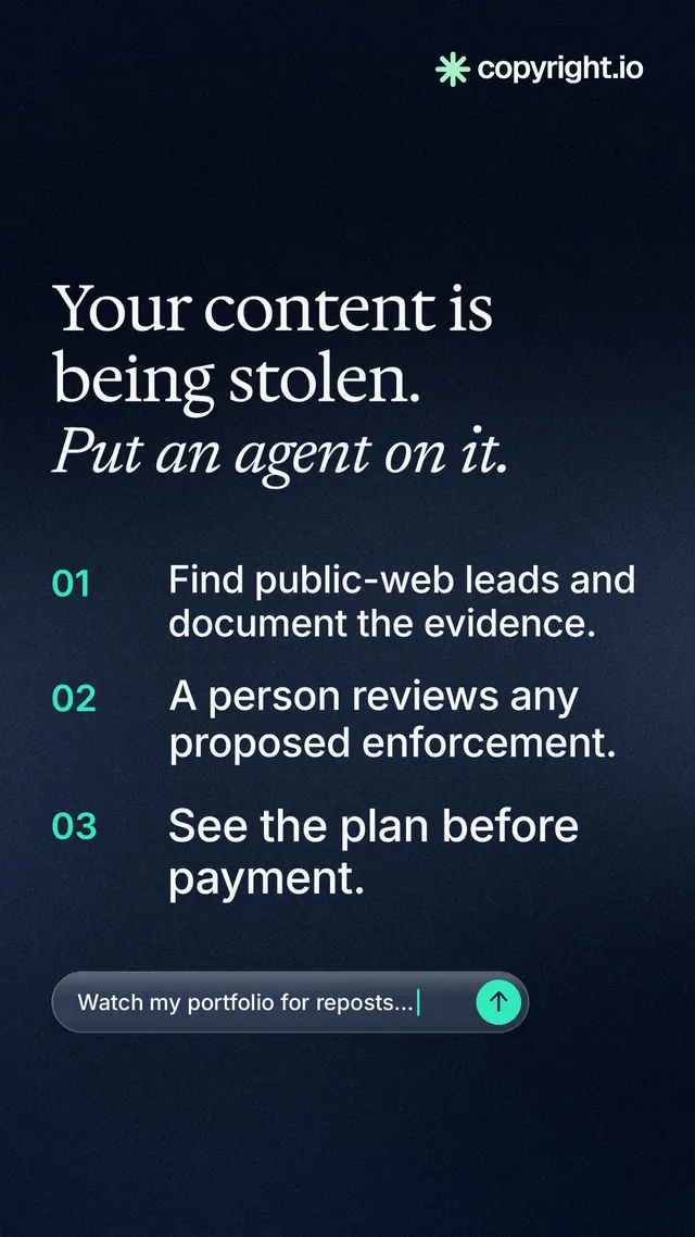 Instagram story for copyright.io: "Your content is being stolen. Put an agent on it." Agentic glass style, numbered layout, dark palette in blue, black, grey.