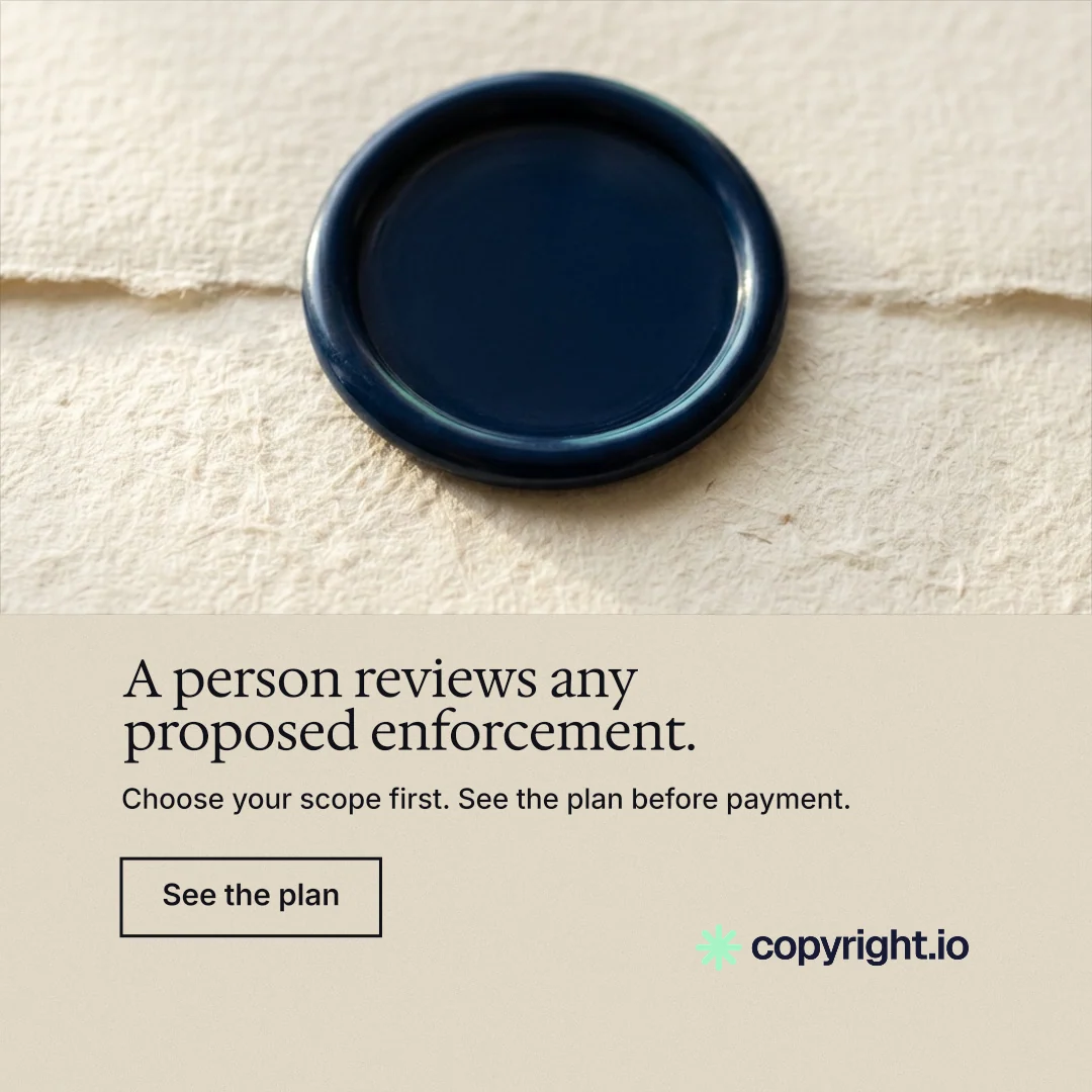 Instagram post for copyright.io: "A person reviews any proposed enforcement." Editorial style, bottom layout, light palette in orange, grey, yellow.