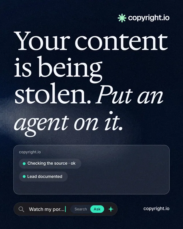 Instagram portrait post for copyright.io: "Your content is being stolen. Put an agent on it." Thermal style, poster layout, dark palette in blue, black, grey.