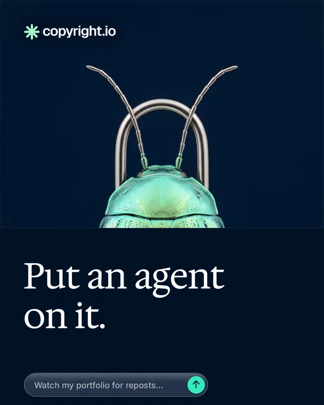 Instagram portrait post for copyright.io: "Put an agent on it." Agentic glass style, bottom layout, dark palette in black, blue.