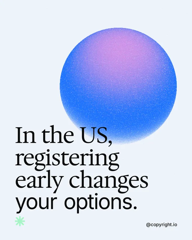 Instagram portrait post for copyright.io: "In the US, registering early changes your options." Auto 4x5 style, technique:shader field layout, light palette in white, blue.