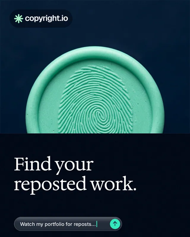 Instagram portrait post for copyright.io: "Find your reposted work." Agentic glass style, bottom layout, dark palette in blue, black, teal.
