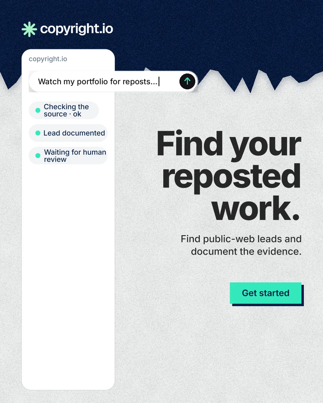 Instagram portrait post for copyright.io: "Find your reposted work." Paper trio style, right layout, light palette in white, blue.