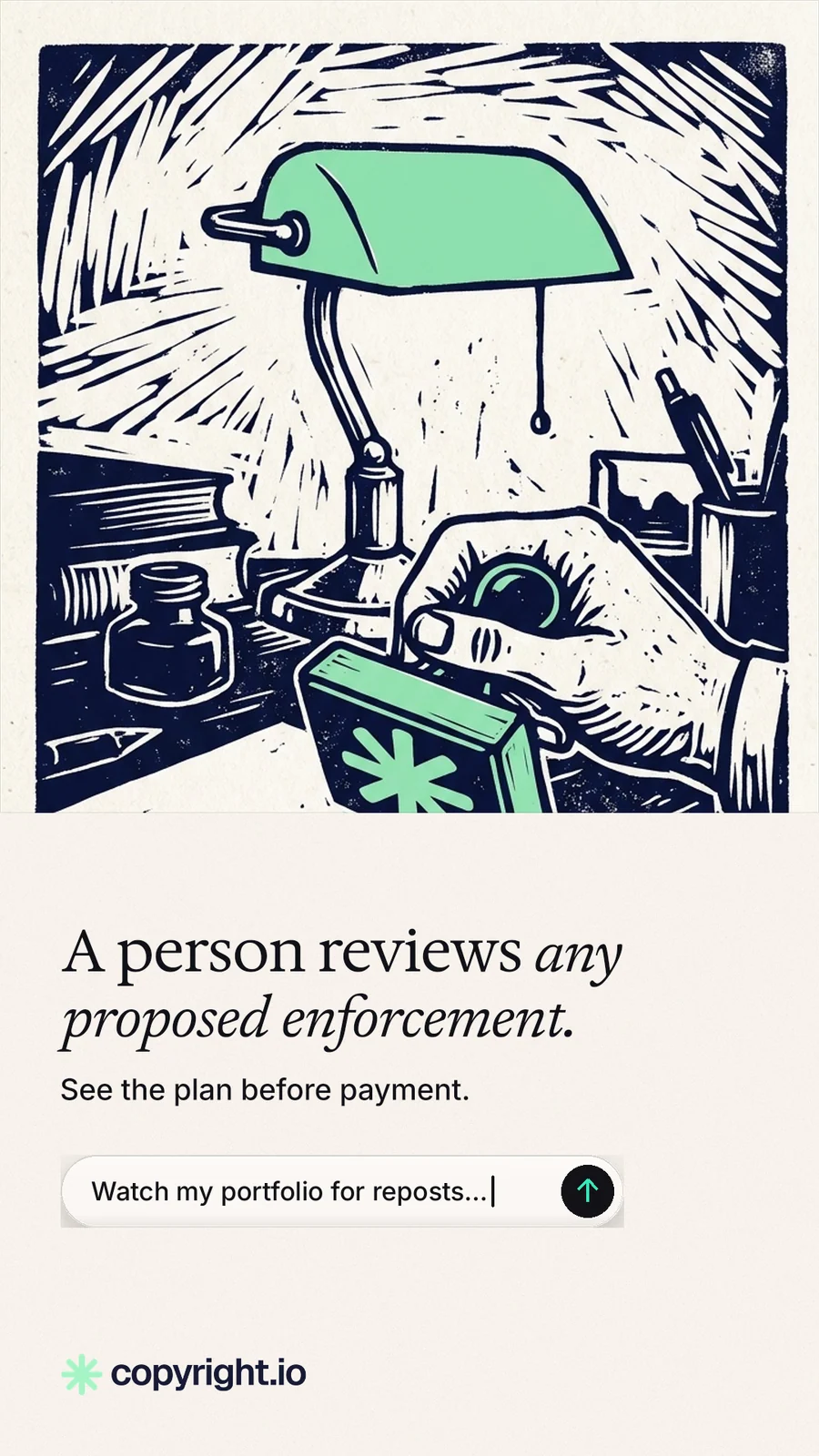 Instagram story for copyright.io: "A person reviews any proposed enforcement." Agentic glass style, bottom layout, light palette in white, grey.