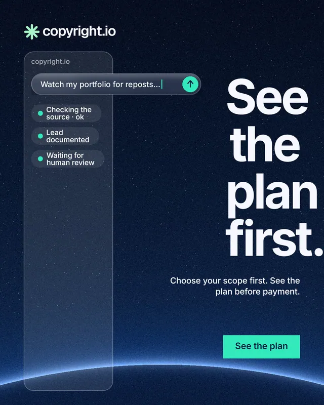Instagram portrait post for copyright.io: "See the plan first." Swiss style, right layout, dark palette in blue, black.