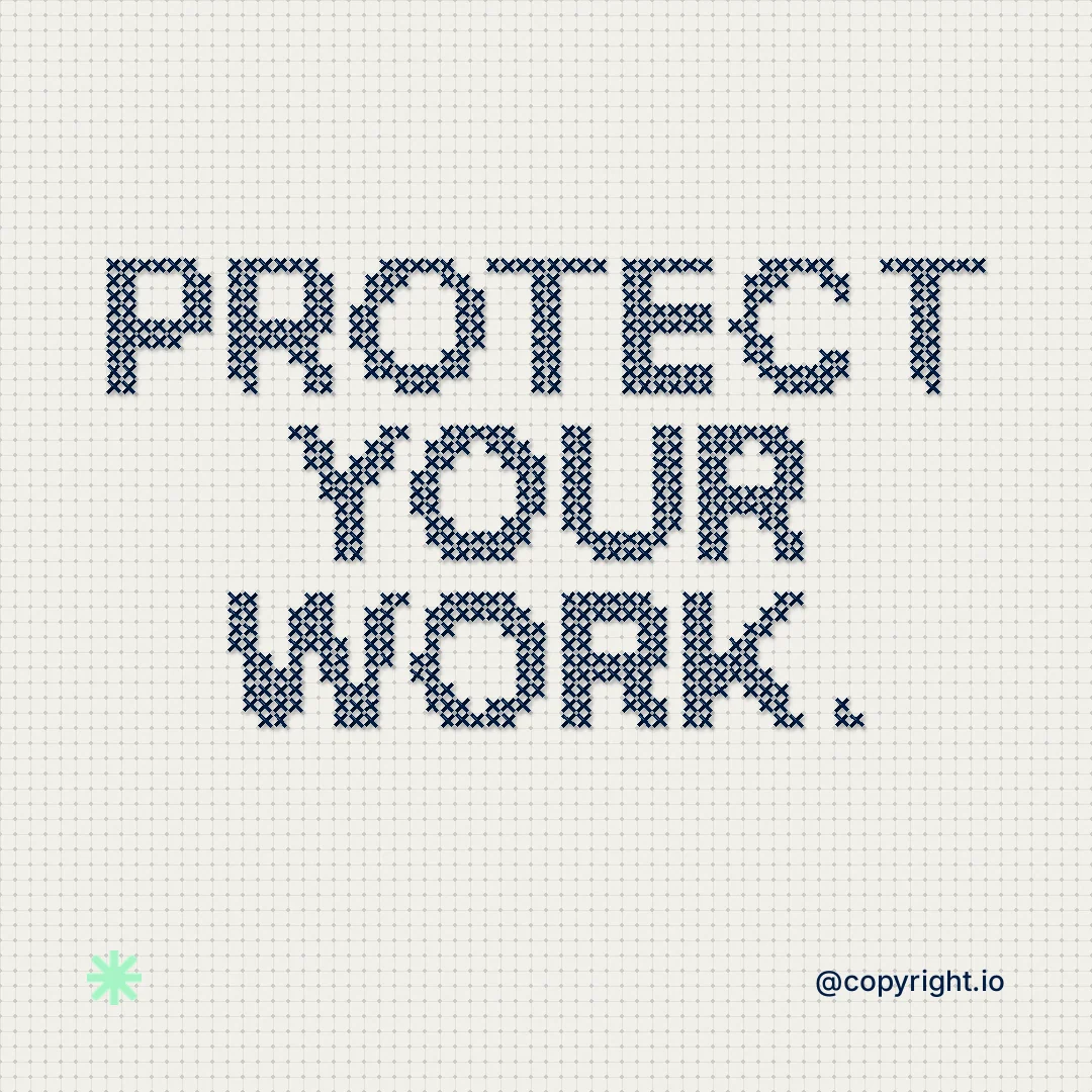 Instagram post for copyright.io: "Protect your work." Stitch style, technique:raster type fx layout, light palette in white, grey.