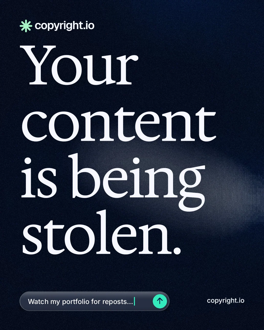 Instagram portrait post for copyright.io: "Your content is being stolen." Thermal style, poster layout, dark palette in black, grey.