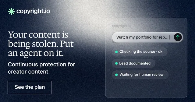 Social ad for copyright.io: "Your content is being stolen. Put an agent on it." Cyanotype style, bottom layout, dark palette in black, blue, grey.