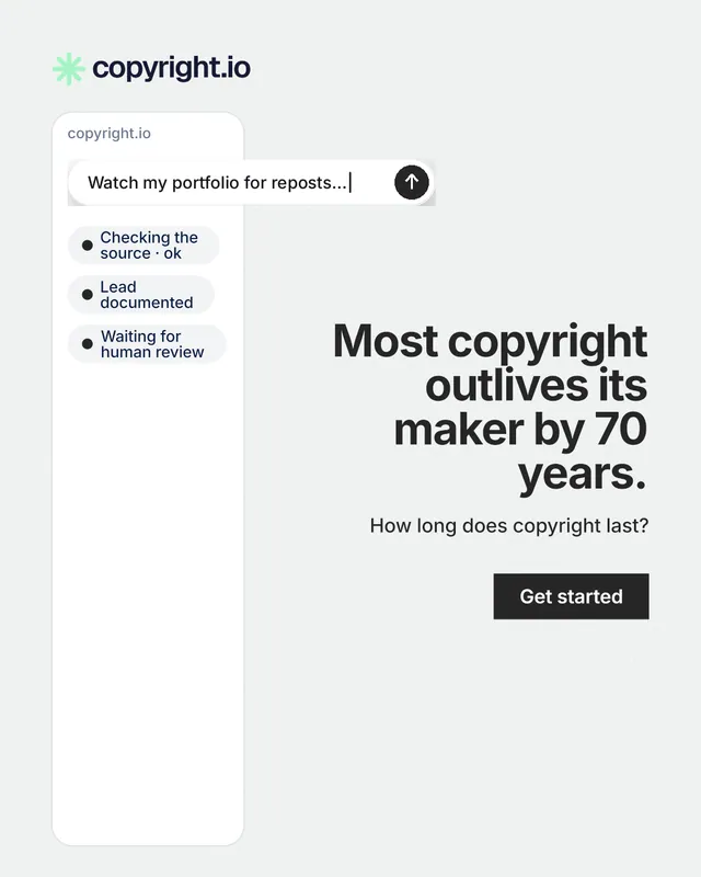 Instagram portrait post for copyright.io: "Most copyright outlives its maker by 70 years." Swiss style, right layout, light palette in white.