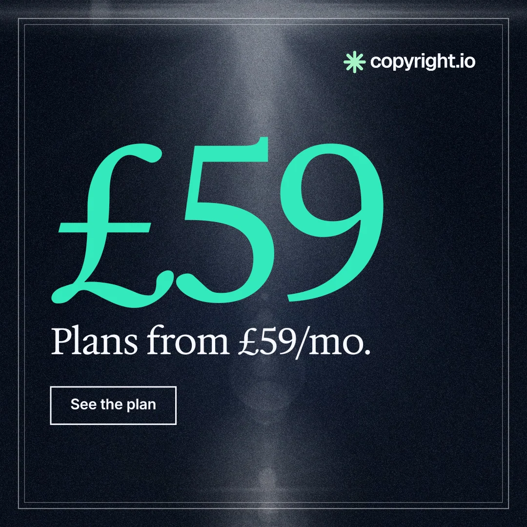 Instagram post for copyright.io: "Your content is being stolen. Put an agent on it." Dark deco style, stat layout, dark palette in blue, black, teal.
