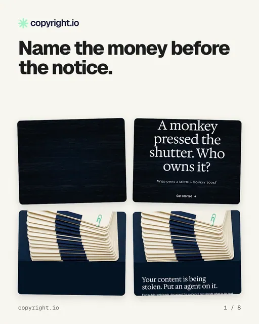 Carousel for copyright.io: "Name the money before the notice.". Collection carousel, 8 slides, light palette.