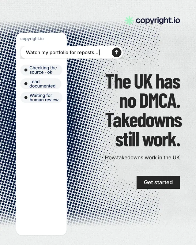 Instagram portrait post for copyright.io: "The UK has no DMCA. Takedowns still work." Retro print style, right layout, light palette in white, grey.
