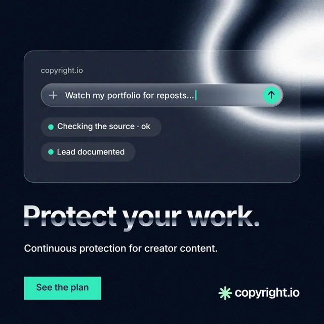 Instagram post for copyright.io: "Protect your work." Swiss style, bottom layout, dark palette in blue, black, grey.