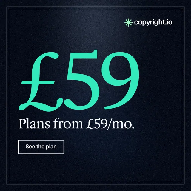 Instagram post for copyright.io: "See the plan before payment." Dark deco style, stat layout, dark palette in black, teal.
