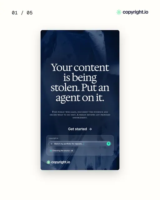 Video for copyright.io. Ad flipbook, 7.5 s, light palette.