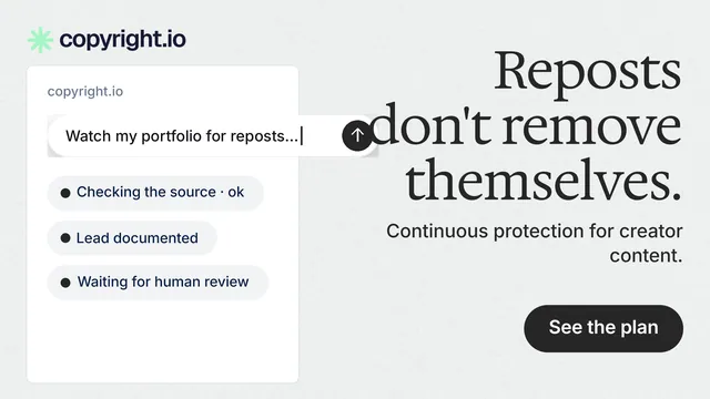 Landscape graphic for copyright.io: "Reposts don't remove themselves." Data card style, right layout, light palette in white, grey.