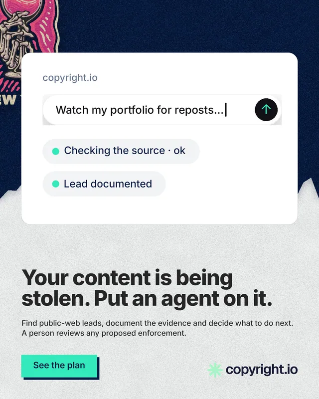 Instagram portrait post for copyright.io: "Your content is being stolen. Put an agent on it." Paper trio style, bottom layout, light palette in white, blue.