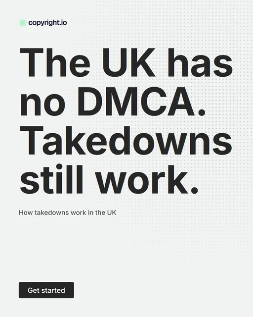 Video for copyright.io: "The UK has no DMCA. Takedowns still work.". Doc motion loop, 6.0 s, light palette.