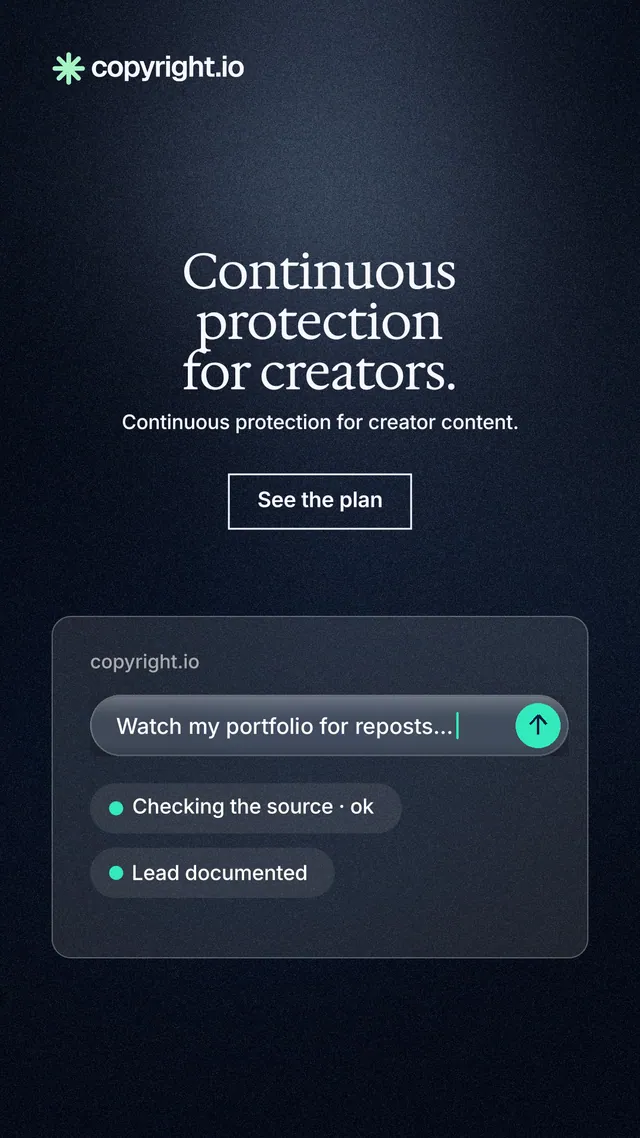 Instagram story for copyright.io: "Continuous protection for creators." Dark deco style, centred layout, dark palette in black, blue, grey.