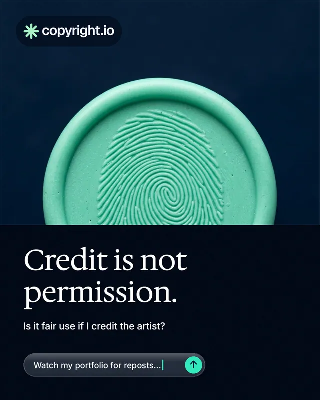 Instagram portrait post for copyright.io: "Credit is not permission." Agentic glass style, bottom layout, dark palette in black, teal, blue.