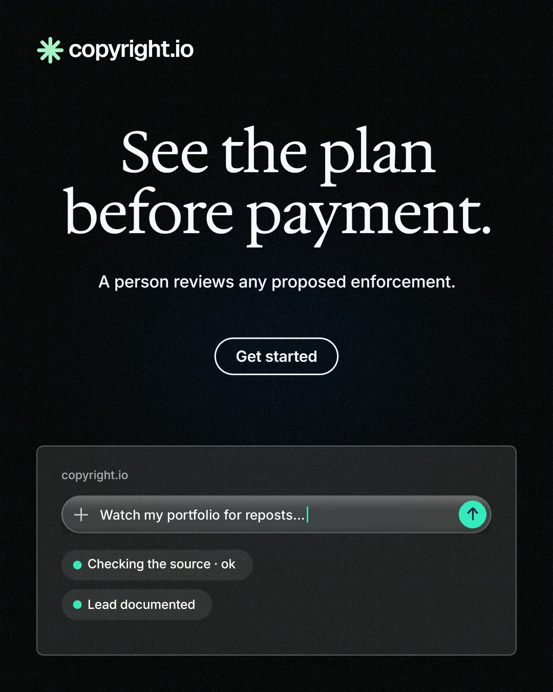 Instagram portrait post for copyright.io: "See the plan before payment." Phosphor atlas style, centred layout, dark palette in black.