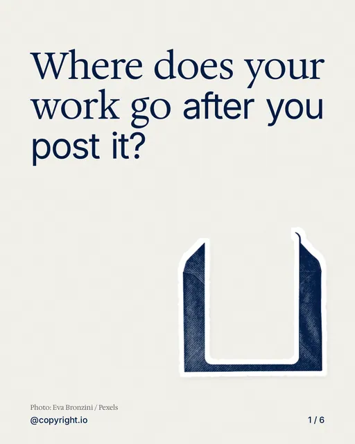 Carousel for copyright.io: "Where does your work go after you post it?". Cutout essay, 6 slides, light palette.
