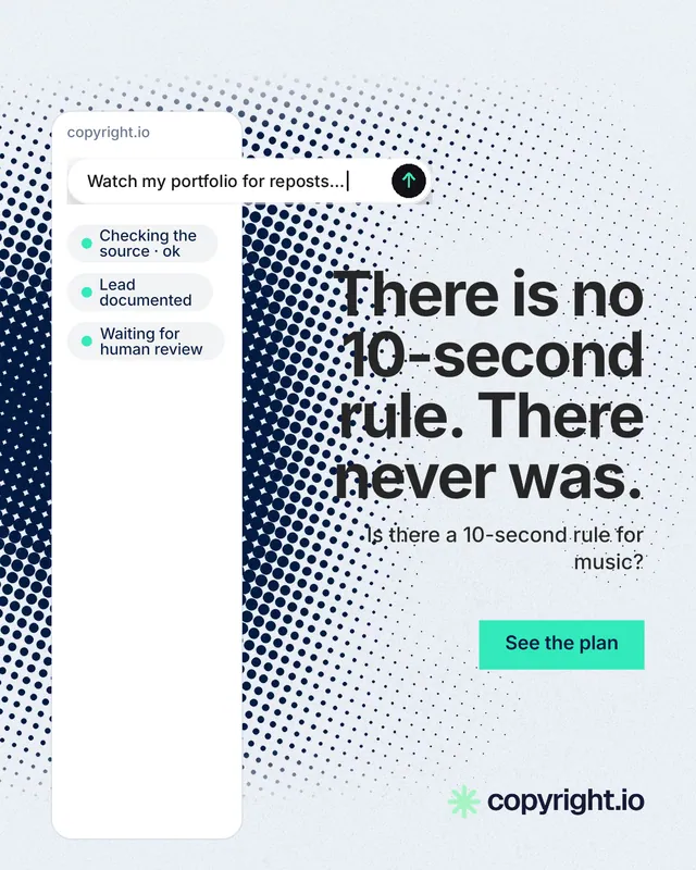 Instagram portrait post for copyright.io: "There is no 10-second rule. There never was." Swiss style, right layout, light palette in white, grey, blue.