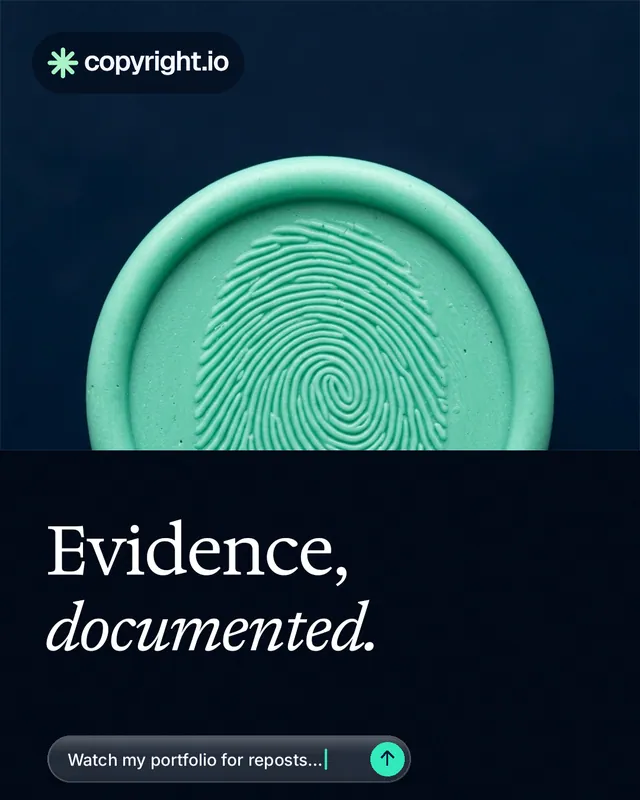 Instagram portrait post for copyright.io: "Evidence, documented." Agentic glass style, bottom layout, dark palette in black, blue, teal.