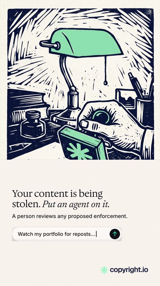 Instagram story for copyright.io: "Your content is being stolen. Put an agent on it." Agentic glass style, bottom layout, light palette in white, grey.