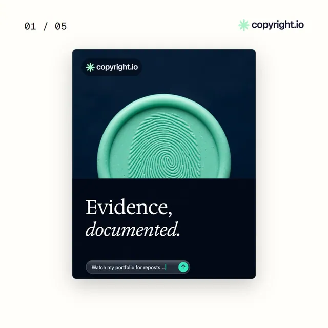 Video for copyright.io. Ad flipbook, 7.5 s, light palette.