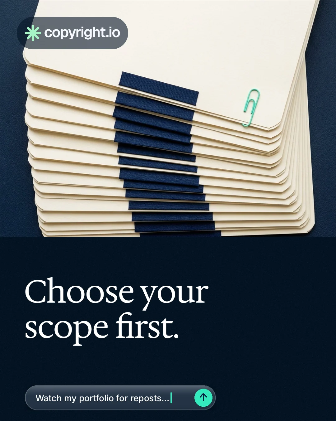 Instagram portrait post for copyright.io: "Choose your scope first." Agentic glass style, bottom layout, dark palette in yellow, black, blue.