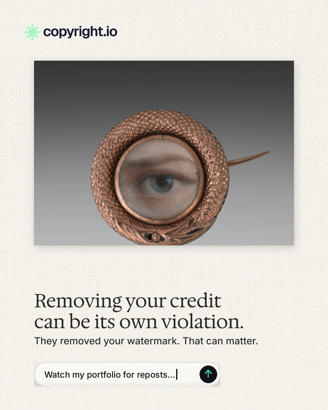 Instagram portrait post for copyright.io: "Removing your credit can be its own violation." Agentic glass style, bottom layout, light palette in white, grey.