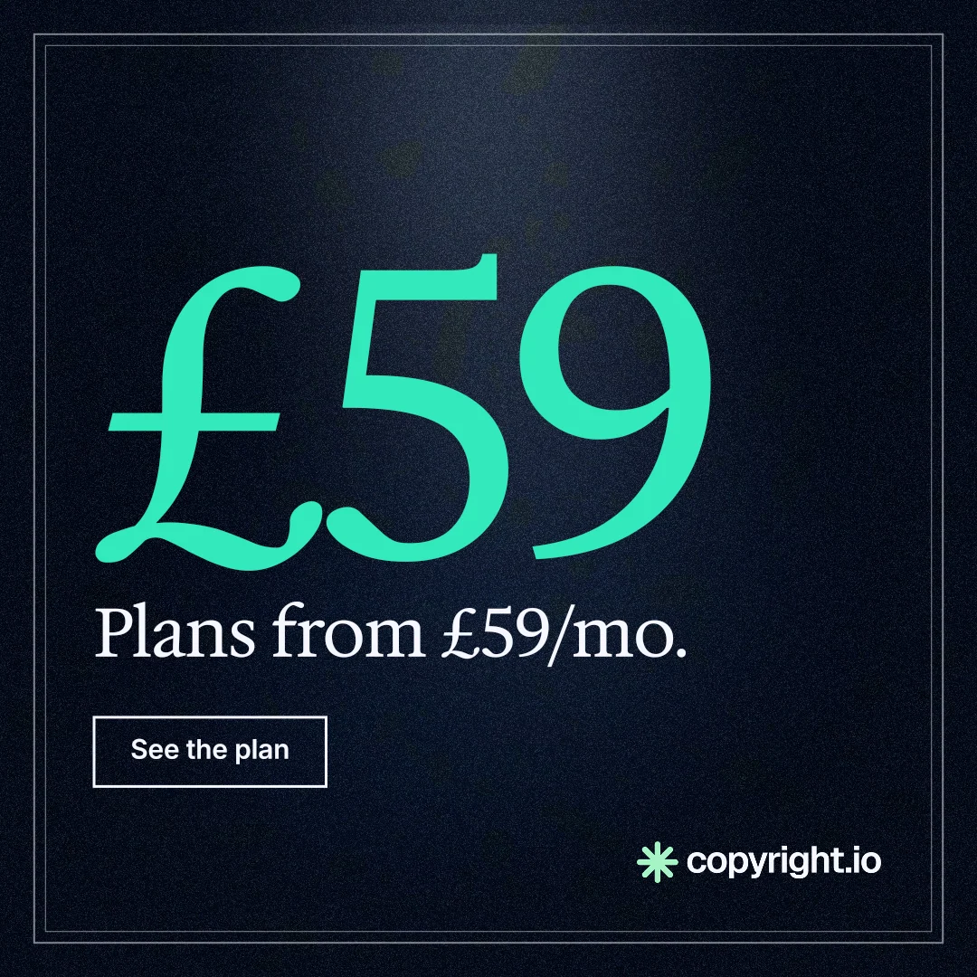 Instagram post for copyright.io: "See the plan first." Dark deco style, stat layout, dark palette in black, teal.