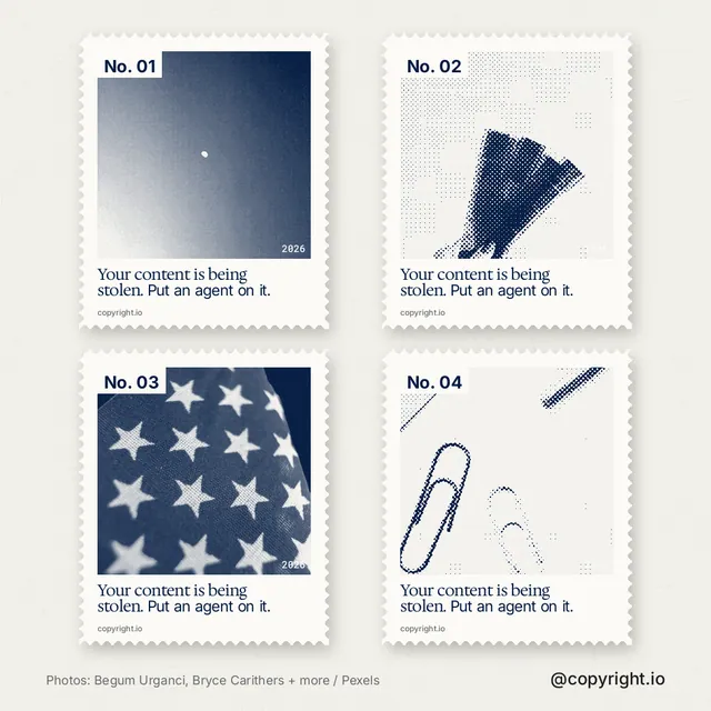 Instagram post for copyright.io: "Your content is being stolen. Put an agent on it." Sheet style, technique:stamp series layout, light palette in white, grey.